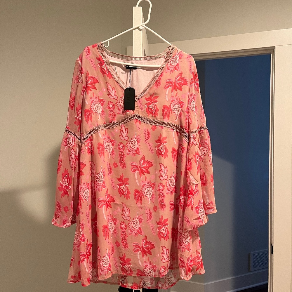 Pink Floral Dress With Bell Arms. Size L